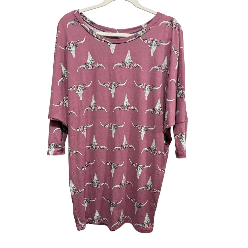My Amelia James Tunic Womens M Mauve Floral Bull Skull Dolman Sleeve Top NWT‎